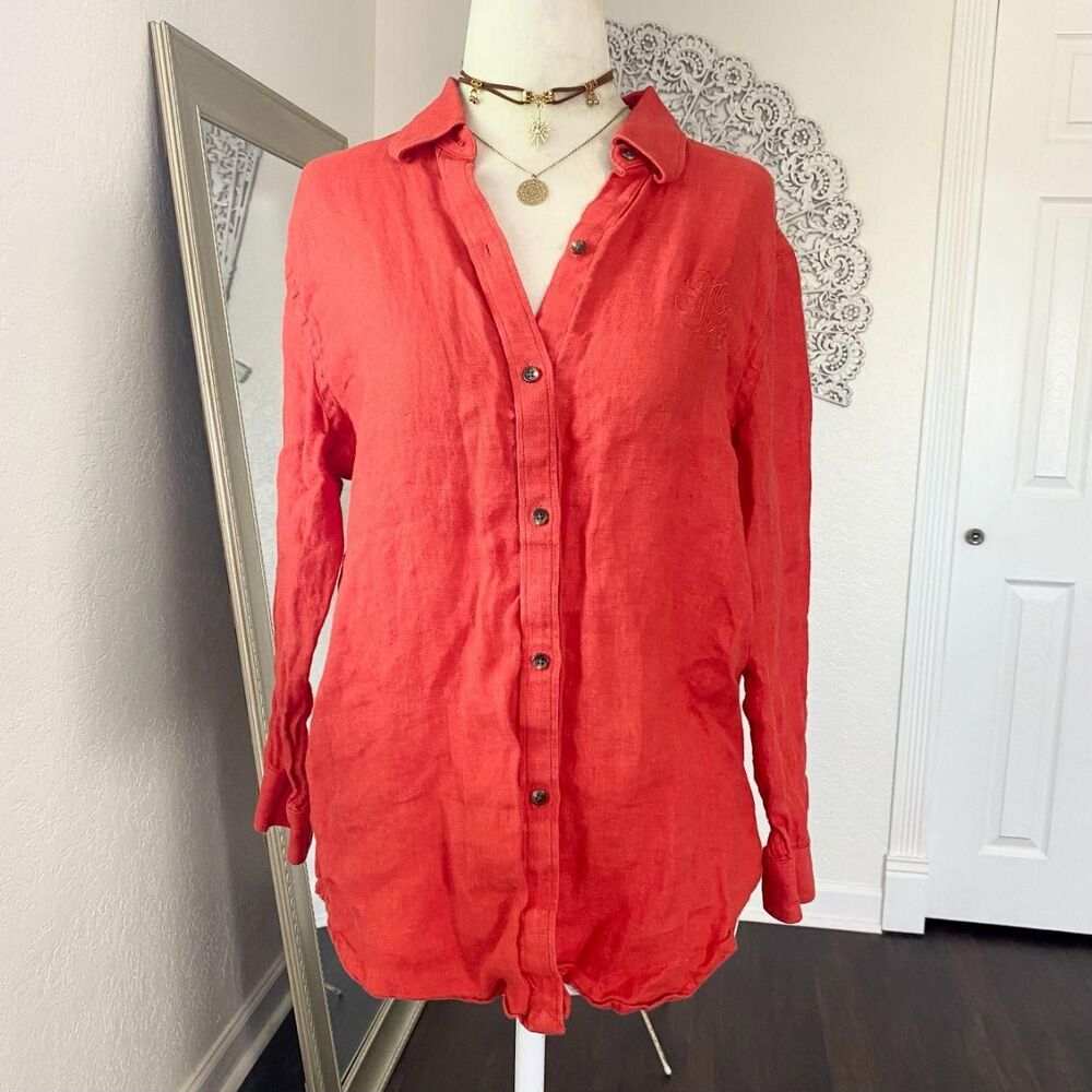 Lauren Ralph Lauren Preppy Red Linen Embroidered Button Up Blouse M